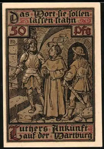 Notgeld Eisenach 1921, 50 Pfennig, Luthers Ankunft auf der Wartburg, Wartburg und Wappen