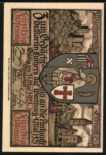 Notgeld Eisenach 1921, 50 Pfennig, Luthers Ankunft auf der Wartburg, Wartburg und Wappen