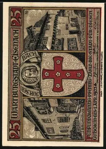 Notgeld Eisenach 1922, 25 Pfennig, Der Tannhäuser, Bachhaus und Lutherhaus, Gutschein
