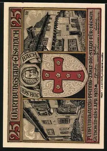 Notgeld Eisenach 1922, 25 Pfennig, Wolfram von Eschenbach, Bachhaus und Lutherhaus, Gutschein