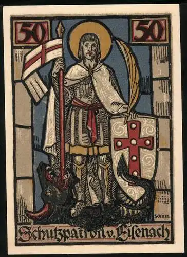 Notgeld Eisenach 1922, 50 Pfennig, Schutzpatron von Eisenach, Marktbrunnen und Rathaus, Gutschein