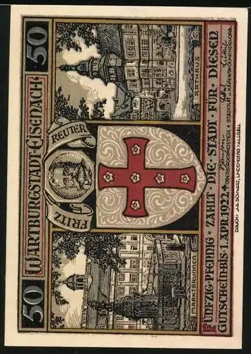 Notgeld Eisenach 1922, 50 Pfennig, Schutzpatron von Eisenach, Marktbrunnen und Rathaus, Gutschein
