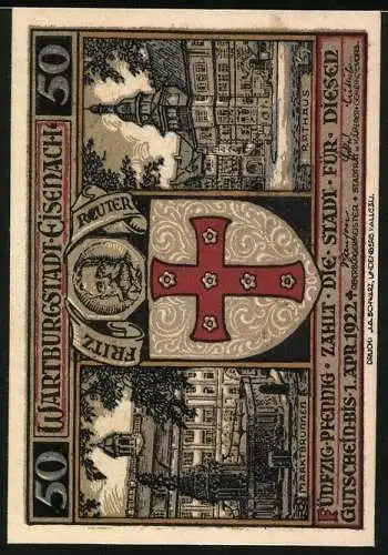 Notgeld Eisenach 1922, 50 Pfennig, Bildnis Heilige Elisabeth, Marktbrunnen und Rathaus, Gutschein