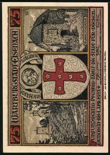 Notgeld Eisenach 1922, 75 Pfennig, Bildnis Walther von der Vogelweide, Wartburg, Burgeingang, Gutschein