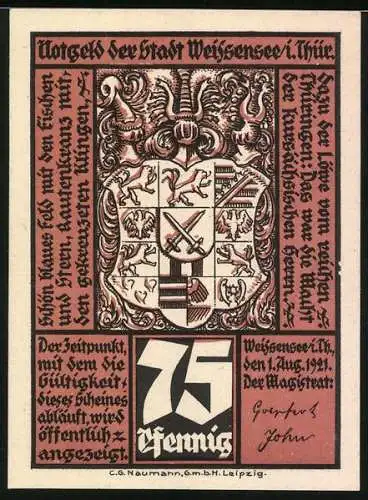 Notgeld Weissensee i. Thür. 1921, 75 Pfennig, Ortsansicht und Wappen