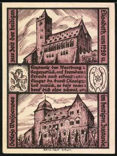 Notgeld Weissensee i. Thür. 1921, 1 Mark, Heilige Elisabeth verteilt mildtätige Gaben, Burg