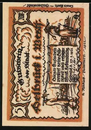 Notgeld Delbrück i. Westf. 1921, 5 Mark, Mann fliegt über eine Menschenmenge, Gutschein