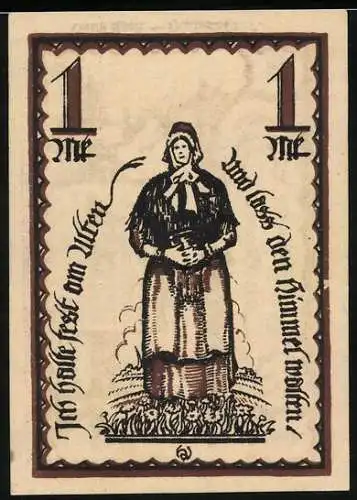 Notgeld Delbrück i. Westf. 1921, 1 Mark, Frau in Tracht, Gutschein
