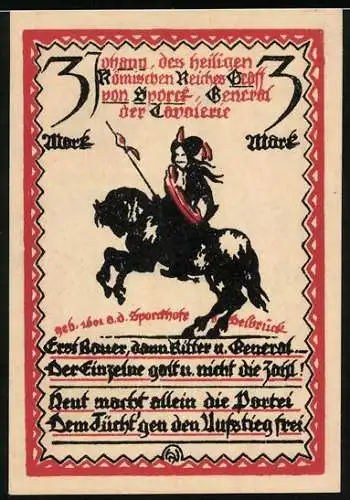 Notgeld Delbrück i. Westf. 1921, 3 Mark, Johann Graf von Sporck, General der Kavallerie, auf seinem Pferd, Gutschein