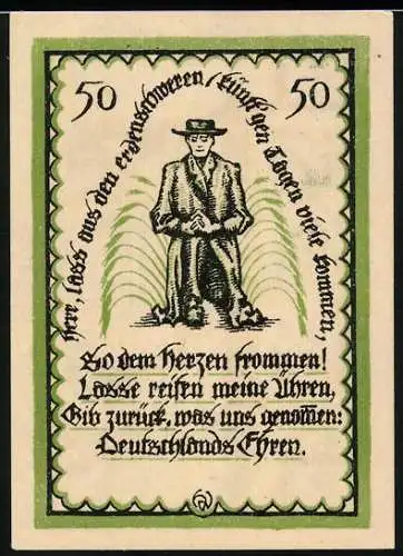 Notgeld Delbrück i. Westf. 1921, 50 Pfennig, Mann faltet betend die Hände, Gutschein