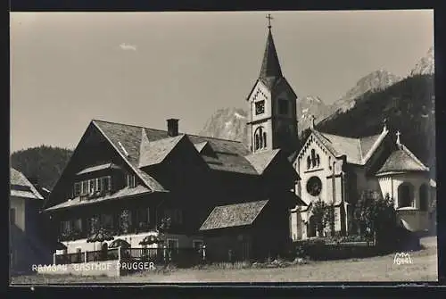 AK Ramsau am Dachstein, Gasthof Prugger mit Kirche