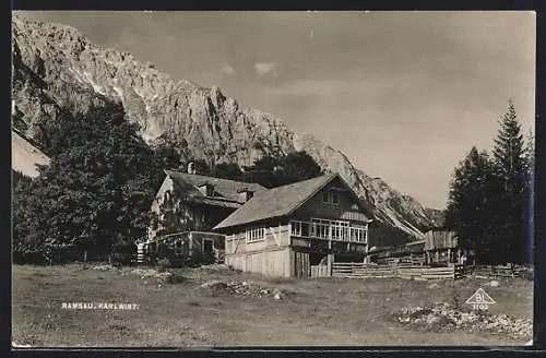 AK Ramsau am Dachstein, Blick zum Karlswirt mit Felsen