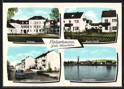 AK Neckarhausen, Rathaus, Neues Viertel, Brückenstrasse, Neckarpartie