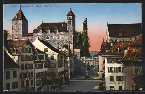 AK Rapperswil, Blick auf den Marktplatz mit Burg, Restaurant Freihof