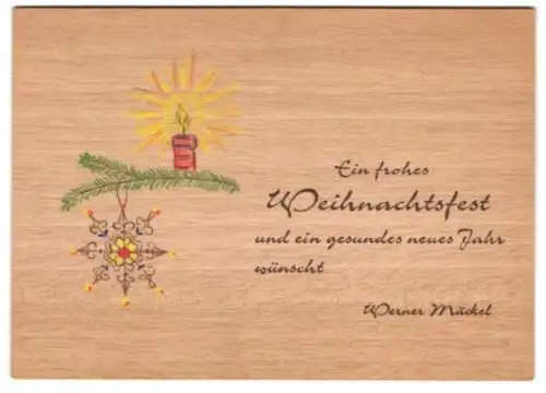 Holz-AK Weihnachtsgruss von Werner Mäckel, Kerze am Baum