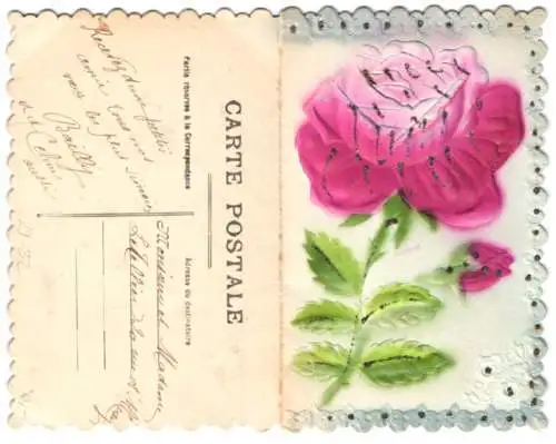 Klapp-Präge-Airbrush-AK Rote Rose mit Glitzerperlen