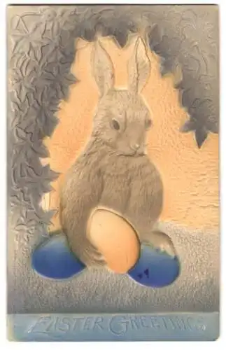 Präge-Airbrush-AK Osterhase mit drei Eiern, gerahmt von Efeu