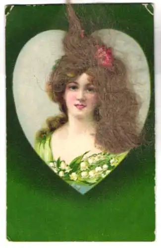 Echt-Haar-AK Schönheit mit Blume im blondgelockten Haar