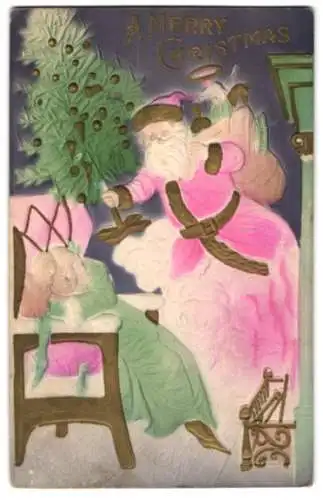 Präge-Airbrush-AK Weihnachtsmann beschert ein schlafendes Mädchen