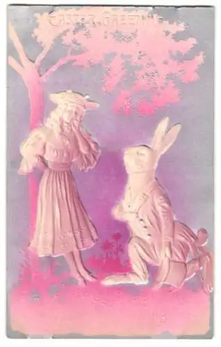 Präge-Airbrush-AK Osterhase kniet vor einem Mädchen nieder