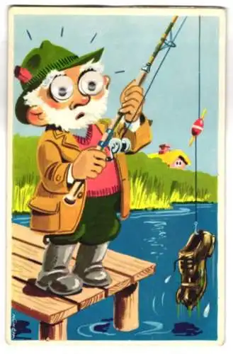 Glasaugen-AK Angler mit Kulleraugen zieht einen Schuh an Land