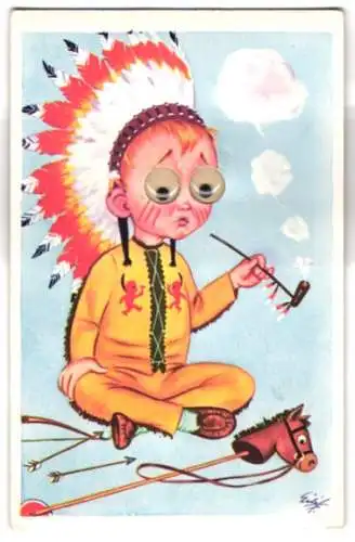 Glasaugen-AK Indianerhäuptling mit Kulleraugen raucht die Friedenspfeife