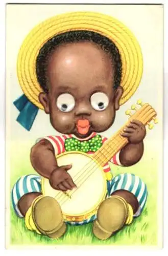 Glasaugen-AK Kleiner Afrikaner mit Kulleraugen spielt Banjo