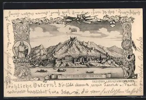 AK Dürnstein /Wachau, Totale aus dem Jahre 1667, Blondel der Sänger