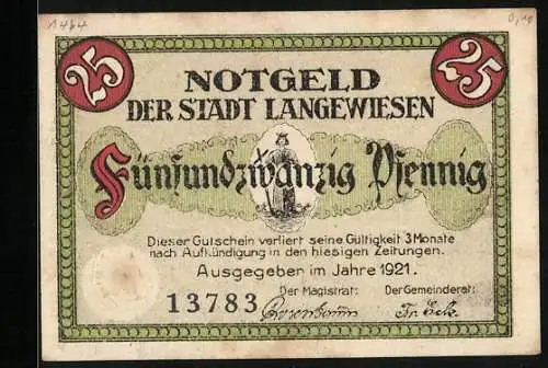Notgeld Langewiesen 1921, 25 Pfennig, Mann im Sägewerk, Pferde ziehen Baumstämme
