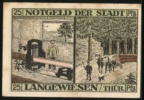 Notgeld Langewiesen 1921, 25 Pfennig, Mann im Sägewerk, Pferde ziehen Baumstämme