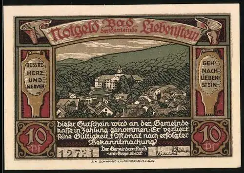 Notgeld Liebenstein 1921, 10 Pfennig, Fröbel-Denkmal, alte Burg, Luther-Denkmal, Ortsansicht