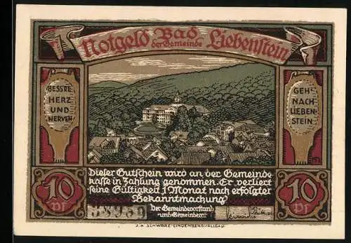 Notgeld Liebenstein 1921, 10 Pfennig, Ortsansicht, Fröbel-Denkmal, alte Burg, Luther-Denkmal