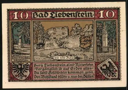 Notgeld Liebenstein 1921, 10 Pfennig, Ortsansicht, Fröbel-Denkmal, alte Burg, Luther-Denkmal