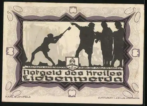 Notgeld Liebenwerda 1921, 50 Pfennig, Gründung Wahrenbrücks in der Zeit Karls des Grossen