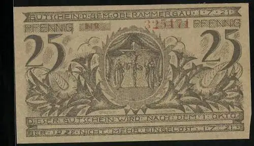 Notgeld Oberammergau 1921, 25 Pfennig, Bauern und Holzschnitzer, Jesus am Kreuz