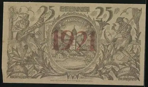 Notgeld Oberammergau 1921, 25 Pfennig, Bauern und Holzschnitzer, Jesus am Kreuz