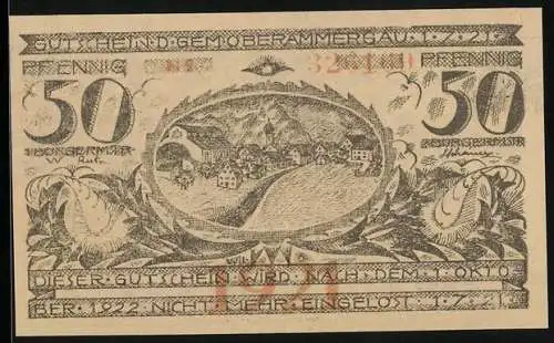 Notgeld Oberammergau 1921, 50 Pfennig, Konterfeis von P. Otm. Weiss und Daisenberger, Ortsansicht