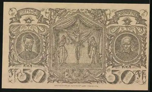 Notgeld Oberammergau 1921, 50 Pfennig, Konterfeis von P. Otm. Weiss und Daisenberger, Ortsansicht