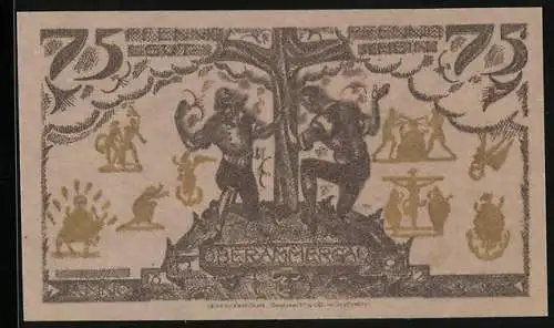 Notgeld Oberammergau 1921, 75 Pfennig, Ortsansicht, Männer beten am Kreuz