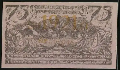 Notgeld Oberammergau 1921, 75 Pfennig, Ortsansicht, Männer beten am Kreuz