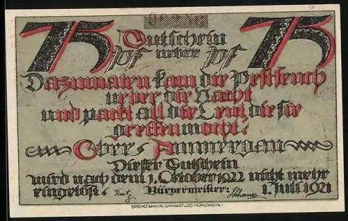 Notgeld Oberammergau 1921, 75 Pfennig, Der Tod zieht über die Stadt