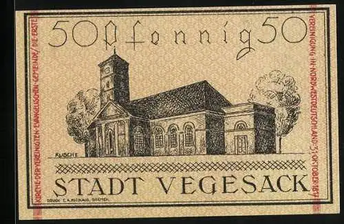 Notgeld Vegesack, 50 Pfennig, Blick auf die Kirche, Wappen