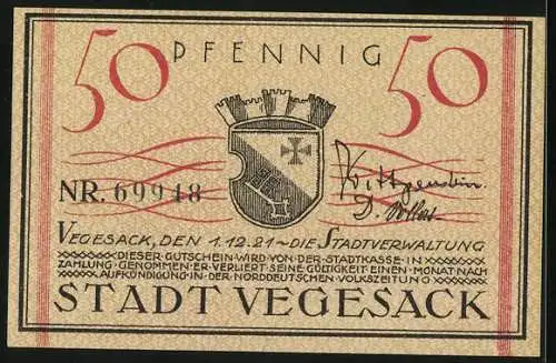 Notgeld Vegesack, 50 Pfennig, Blick auf die Kirche, Wappen