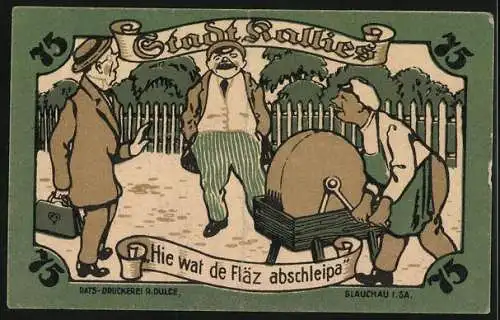 Notgeld Kallies 1921, 75 Pfennig, Männer an einem Schleifstein
