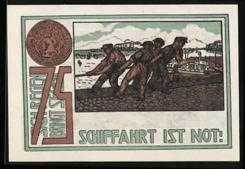 Notgeld Frohse 1921, 75 Pfennig, Hafenpanorama mit Ruderbooten, Tauziehen