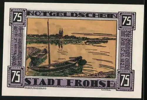 Notgeld Frohse 1921, 75 Pfennig, Hafenpanorama mit Ruderbooten, Tauziehen