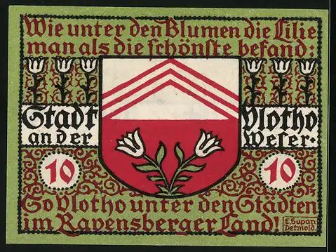Notgeld Vlotho a. d. Weser 1921, 10 Pfennig, Wappen mit zwei Blumen