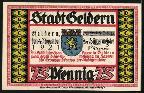 Notgeld Geldern 1921, 75 Pfennig, Der Burggraf wird von seinen Söhnen angefleht