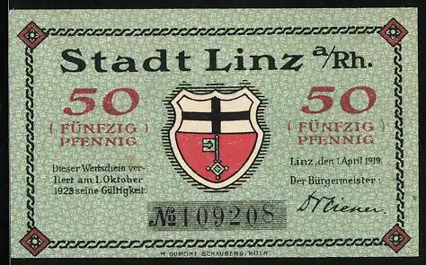 Notgeld Linz a. Rh. 1919, 50 Pfennig, Linzer Basalt und Linzer Wein