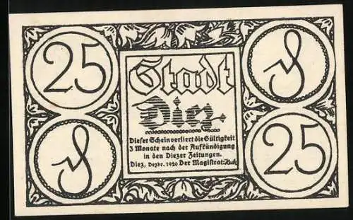 Notgeld Diez 1920, 25 Pfennig, Ortsansicht aus alter Zeit